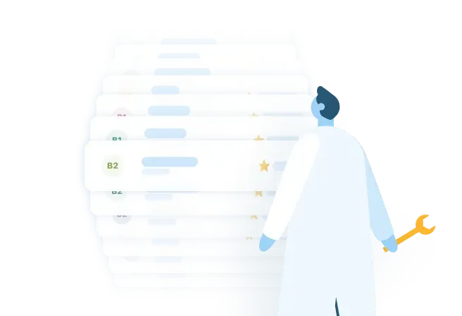 레벨을 진행하는 학습자의 일러스트레이션으로, 초급부터 고급 언어 시험까지 사용자를 안내하는 IFM의 자료를 강조합니다.