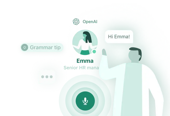 AI Conversations 기능의 일러스트로, 사용자가 Emma라는 이름의 AI 봇과 상호 작용하여 실제 시나리오를 통해 언어 기술을 향상시키는 모습을 보여줍니다.